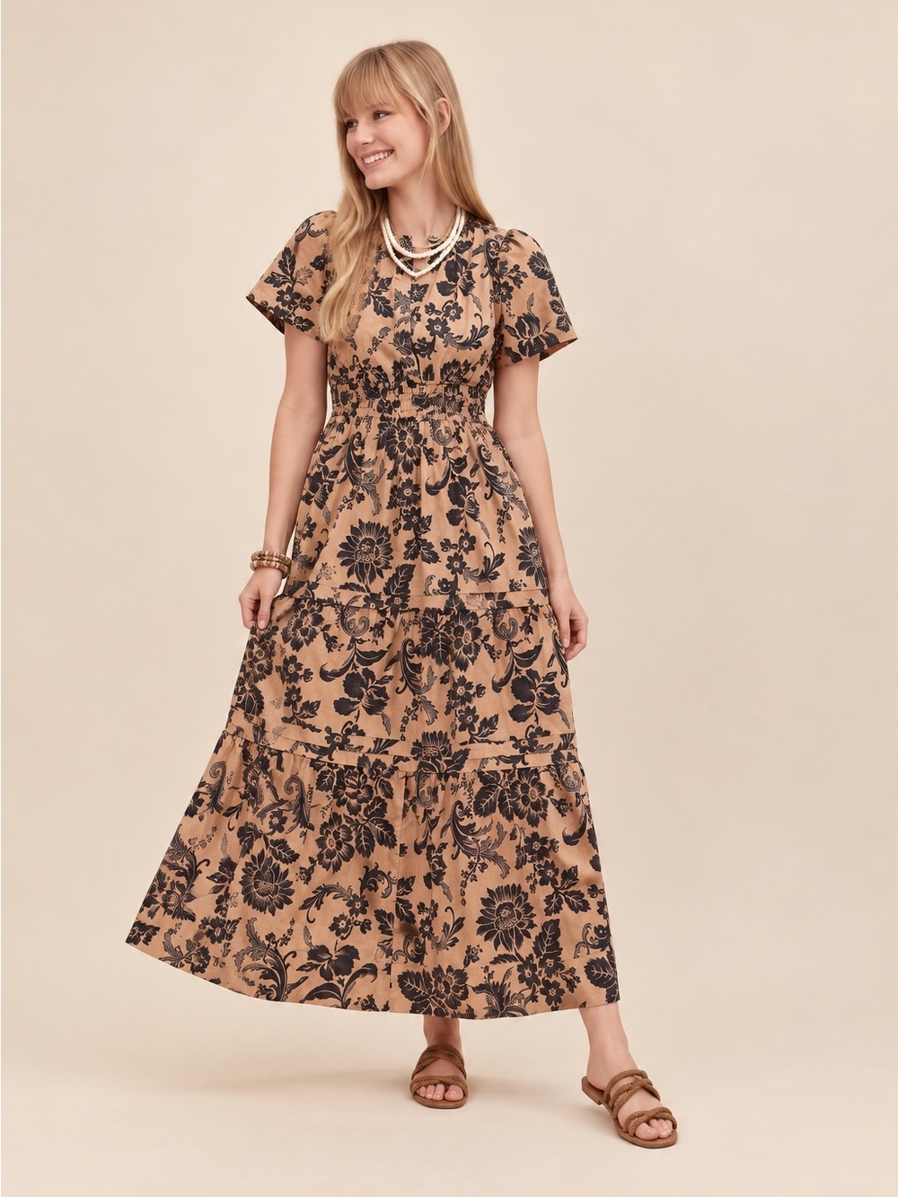 Anthropologie Maxi Dress with Black Floral Motif